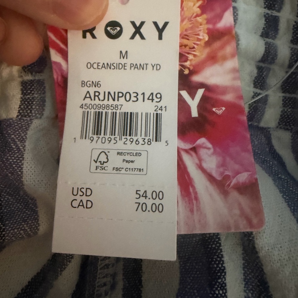 Roxy Oceanside Linen Blend Blue and White Striped Flared Leg medium pants NWT - Picture 10 of 12
